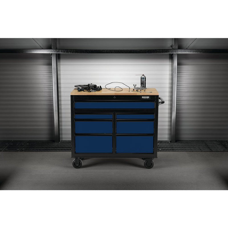 BUNKER Workbench Roller Tool Cabinet, 7 Drawer, 41", Blue
