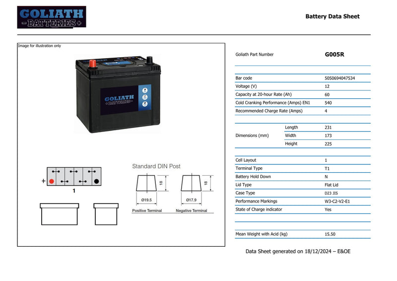 Goliath G005R - 005R 60Ah 540A Battery - 3 Year Warranty