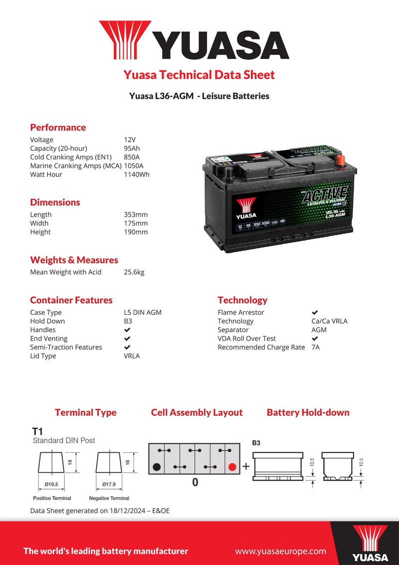 Yuasa L36-AGM Active Leisure AGM Battery 12V 95Ah 850A