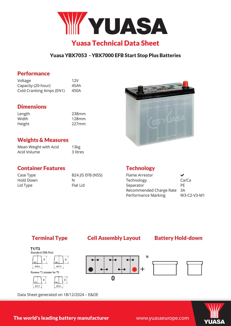 Yuasa YBX7053 (N55) 12V 45Ah 450A Yuasa EFB Start Stop Battery - 053