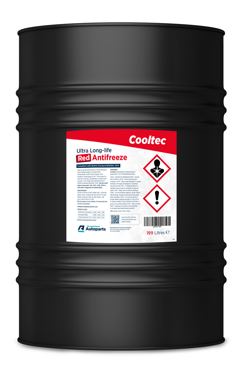 Cooltec Ultra Long-Life Red Antifreeze - 199 Litre Barrel Engine Oil