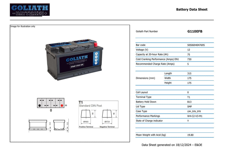 Goliath G110 - 110 EFB 75Ah 730A Start Stop Battery - 3 Year Warranty