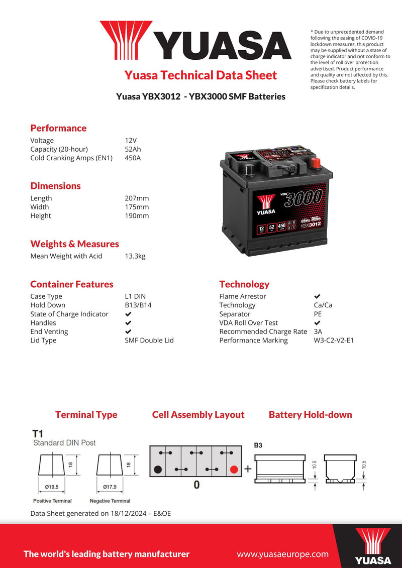 Yuasa YBX3012 - 012 SMF Car Battery - 4 Year Warranty
