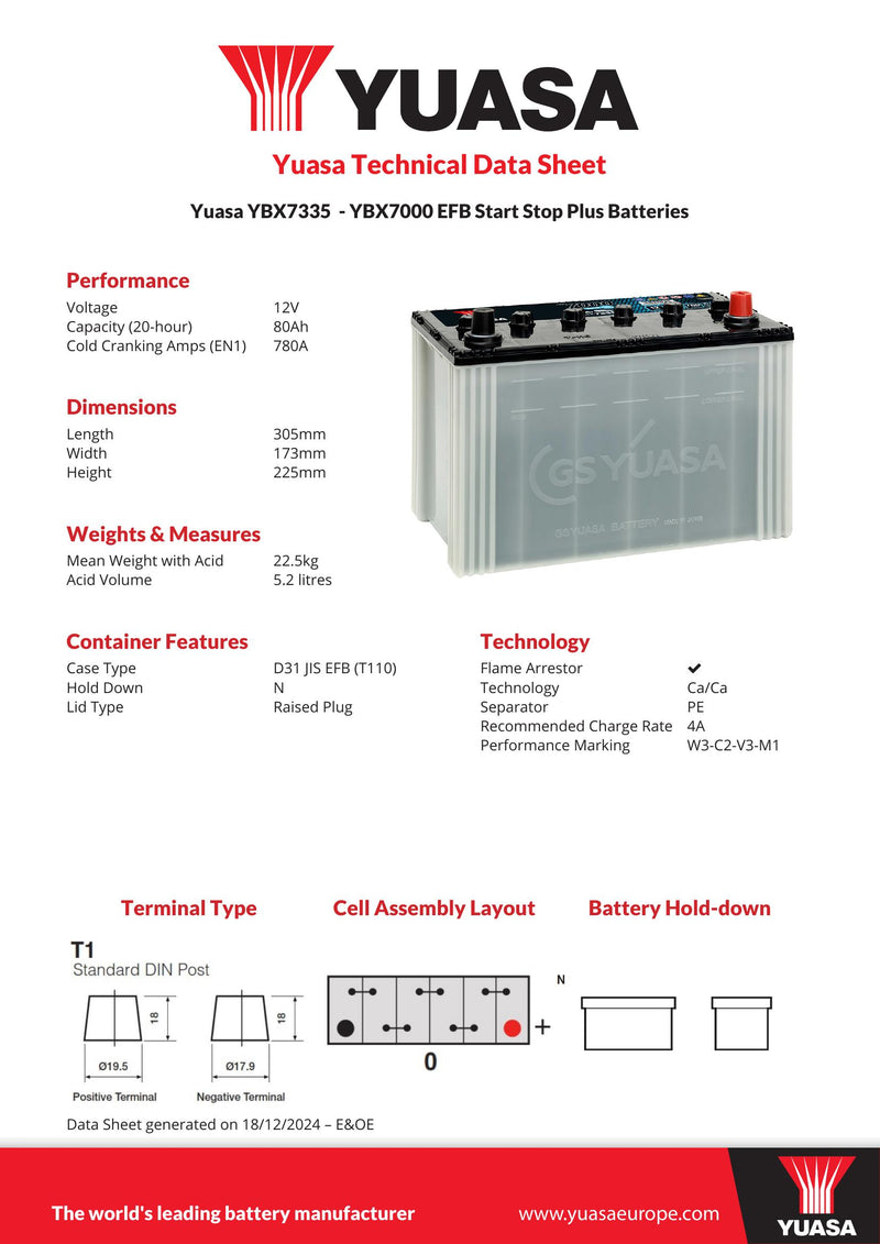Yuasa YBX7335 80Ah 780A Yuasa EFB Start Stop Battery - 335