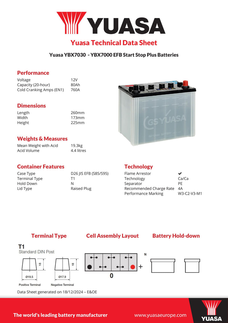 Yuasa YBX7030 (S85) 12V 80Ah 760A Yuasa EFB Start Stop Battery - 030