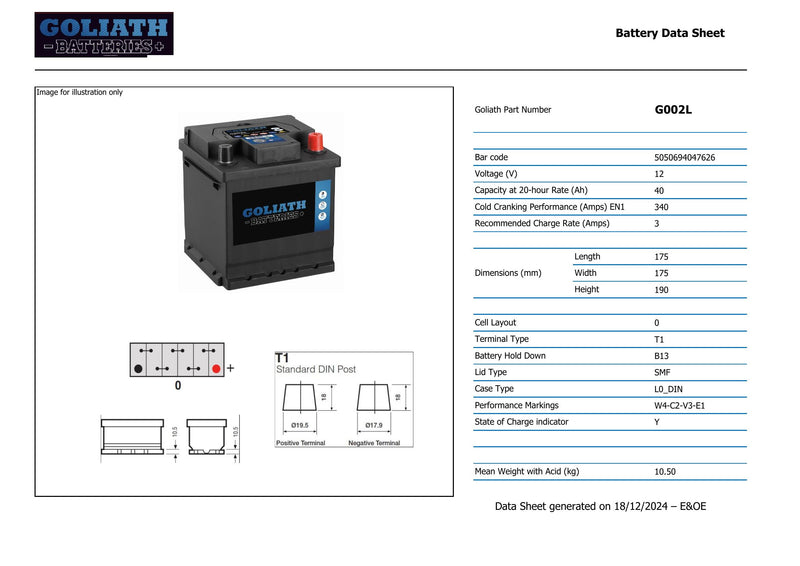Goliath G002L - 002L 40Ah 340A Battery - 3 Year Warranty