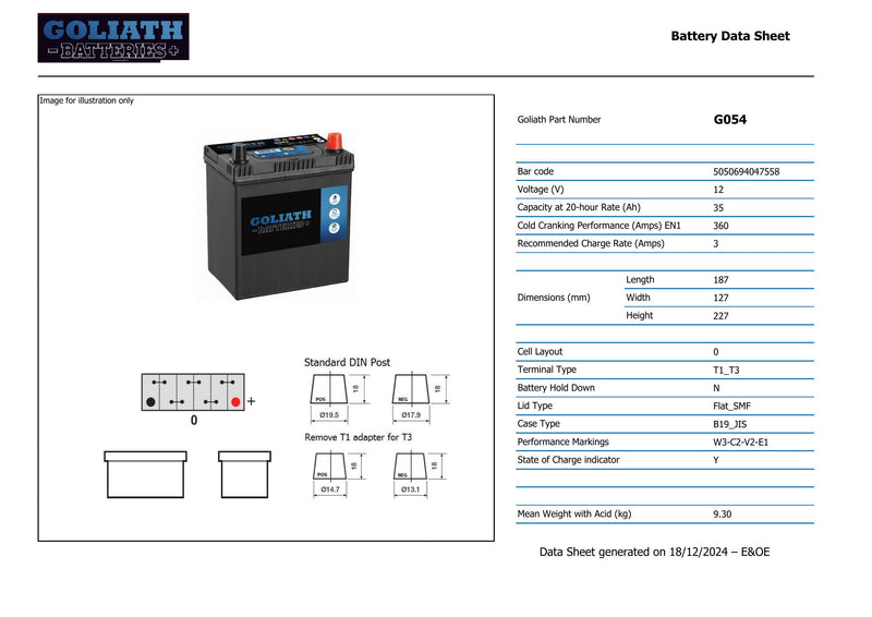 Goliath G054 - 054 35Ah 360A Battery - 3 Year Warranty