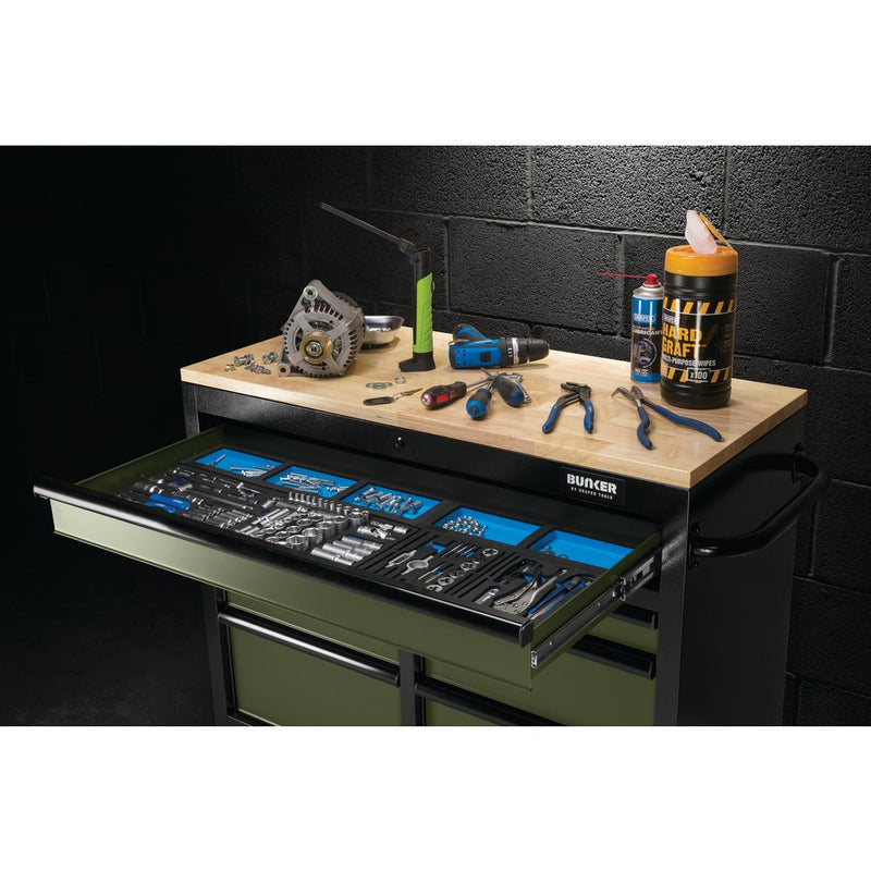 BUNKER Workbench Roller Tool Cabinet, 7 Drawer, 41", Green