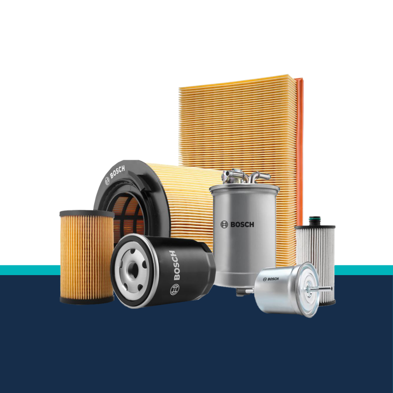 Collection of Bosch car filters on a white and blue gradient background