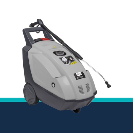 Gray pressure washer with a black hose on a white background