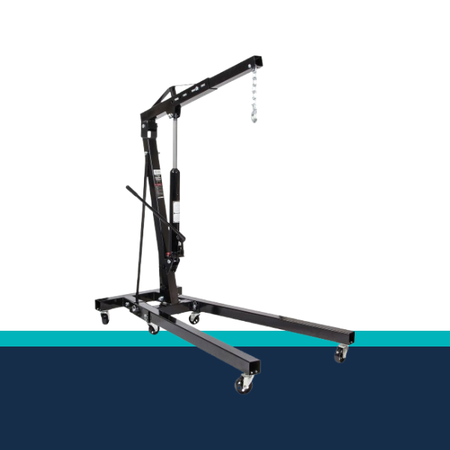 Black hydraulic floor crane on a white background with a blue stripe at the bottom.