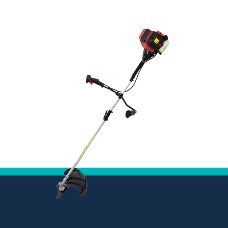 Gardening tool, specifically a brush cutter, on a white background with a blue stripe at the bottom.