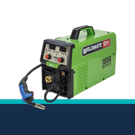 Green welding machine with 'Weldmate' branding on a white background