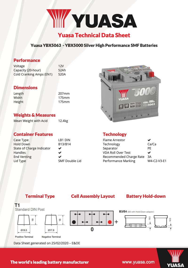 Yuasa YBX5063 - 063 Silver High Performance SMF Car Battery - 5 Year Warranty