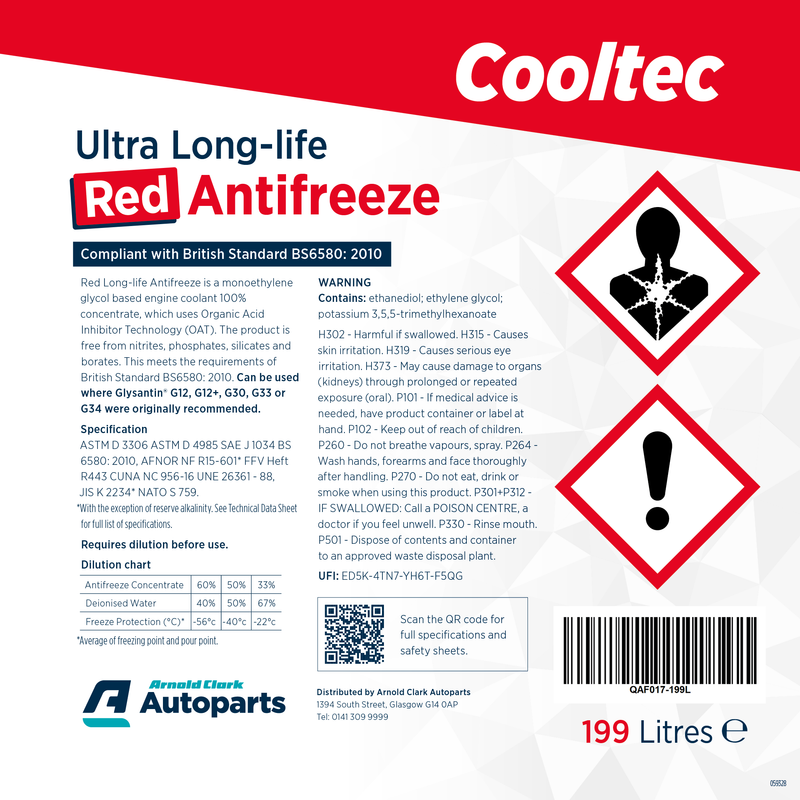 Cooltec Red Antifreeze - 199 Litre Barrel