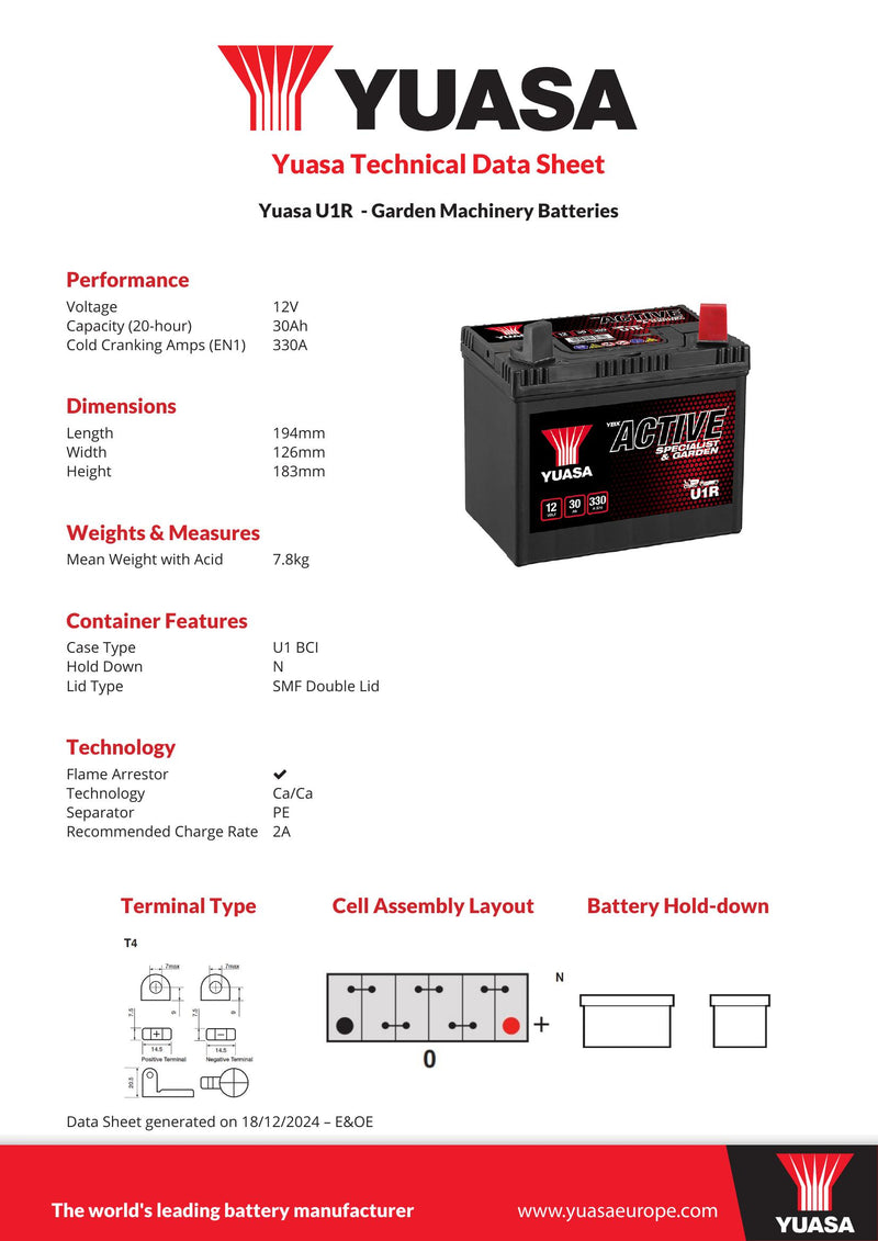 U1R Yuasa Active Specialist & Garden Battery 12V 30Ah 330A