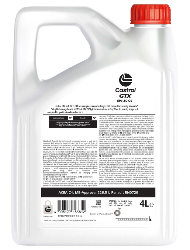Castrol GTX 5W-30 5W30 C4 Fully Synthetic Car Engine Oil - 4 Litre