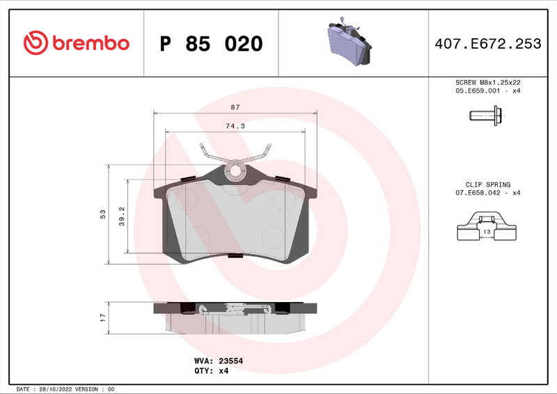 Brembo Brake Pad Set - P85020