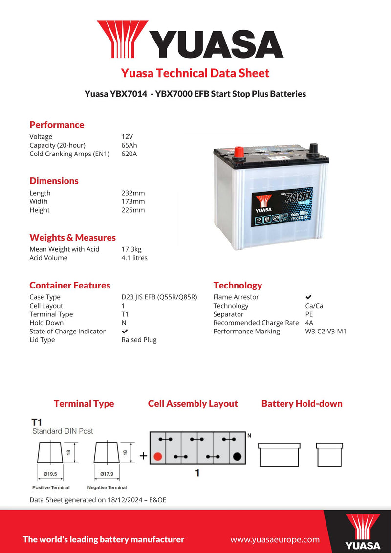 Yuasa YBX7014 EFB Start Stop Plus Batteries - 014