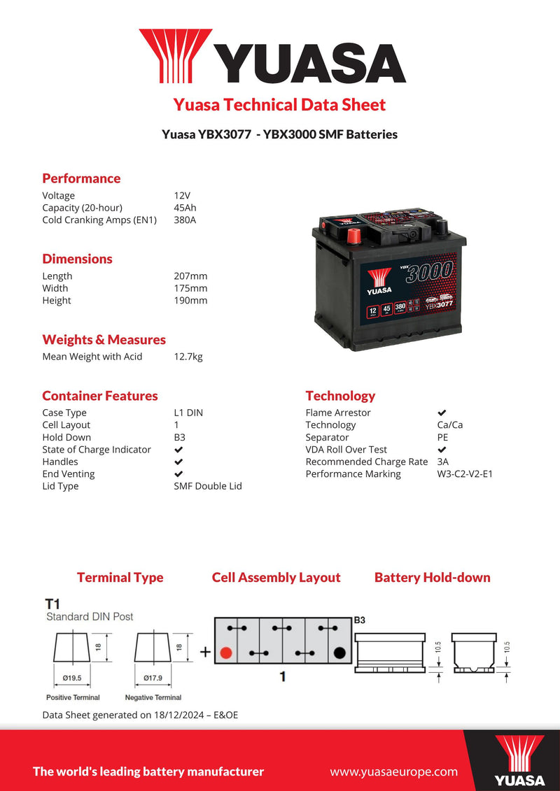 Yuasa YBX3077 - 077 SMF Car Battery - 4 Year Warranty