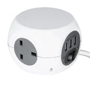 Status 3 Way Cube Socket with 3 USB Ports - White - 1.4m - S3W1.4M3XUSB1PK6