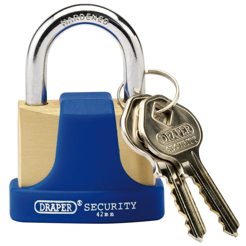 Solid Brass Padlock and 2 Keys with Hardened Steel Shackle and Bumper, 42mm