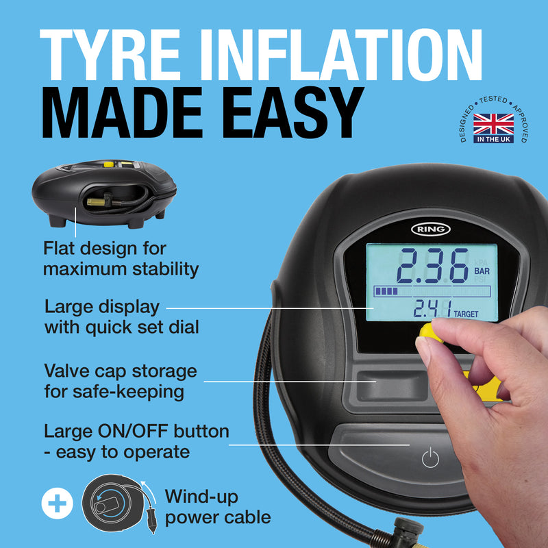 Ring Rapid Digital Tyre Inflator With Quick Set Auto Stop (Premium)  - RTC1000