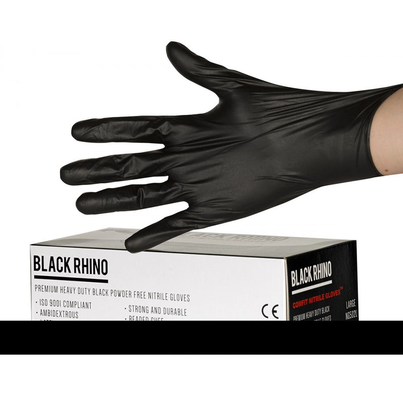 Rhino NG502FM Comfit Heavy Duty Nitrile Powder Free Gloves Medium Black Pk100