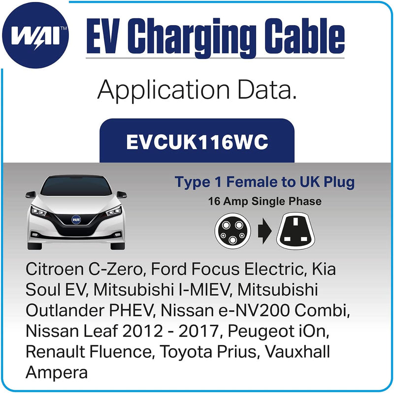 WAI EV Charging Cable - 16AMP 1F To UK WC