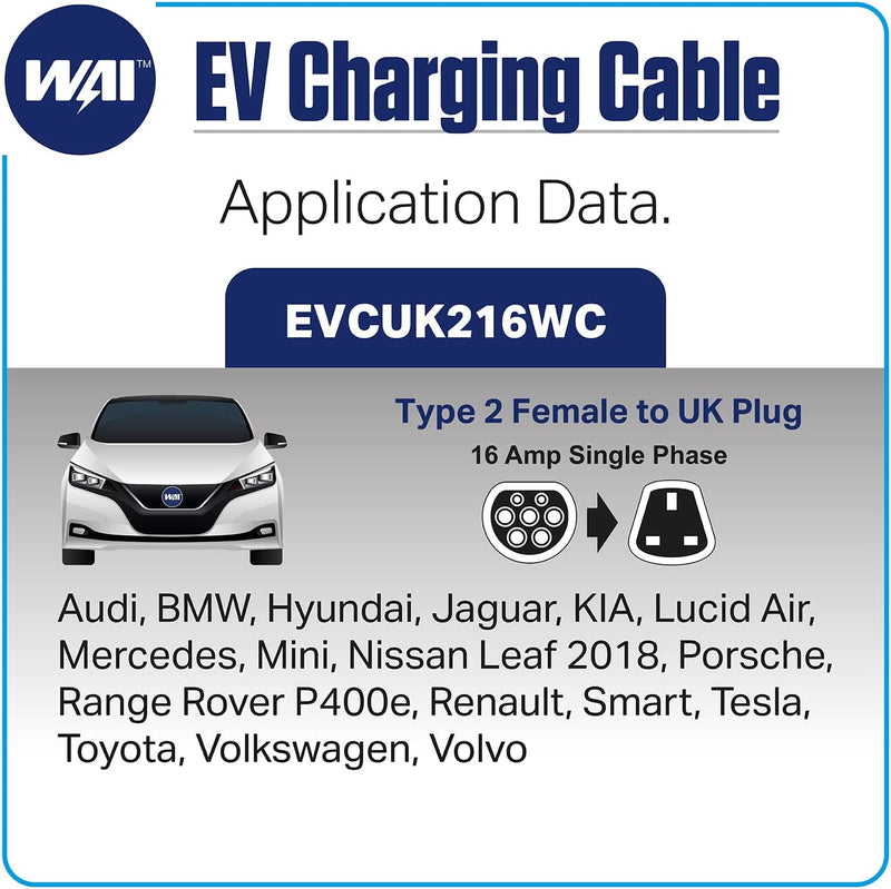 WAI EV Charging Cable - 16AMP 2F To UK WC