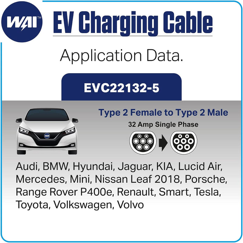 EV Charging Cable - Type 2 Female to Type 2 Male, Single Phase, 32 AMP